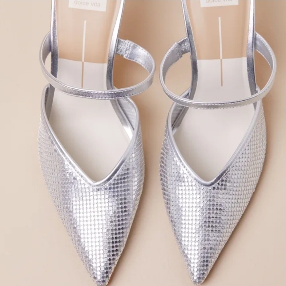 🩶▪️Dolce Vita ▪️kanika Mesh Silver Metallic Pointed Mules Heels - Picture 3 of 3